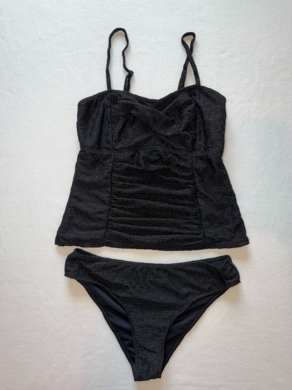 Black Ruched Tankini Set XL Adjustable Straps Bikini Bottoms